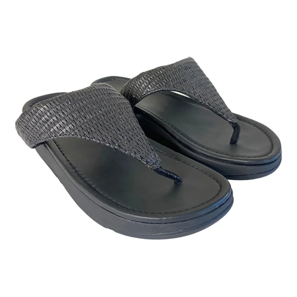 NEW Fitflop Imogen Basket Weave Womens Thong Flip Flop Sandals Black Leather 8